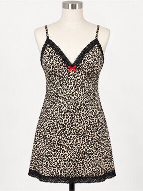 La Senza Leopard Print Lace Babydoll Chemise L Black Bow Y2K Lingerie